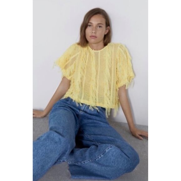 Zara Womens Shirt SZ S Yellow Shaggy fringe Tassel Fuzzy Artzycore - Picture 1 of 7
